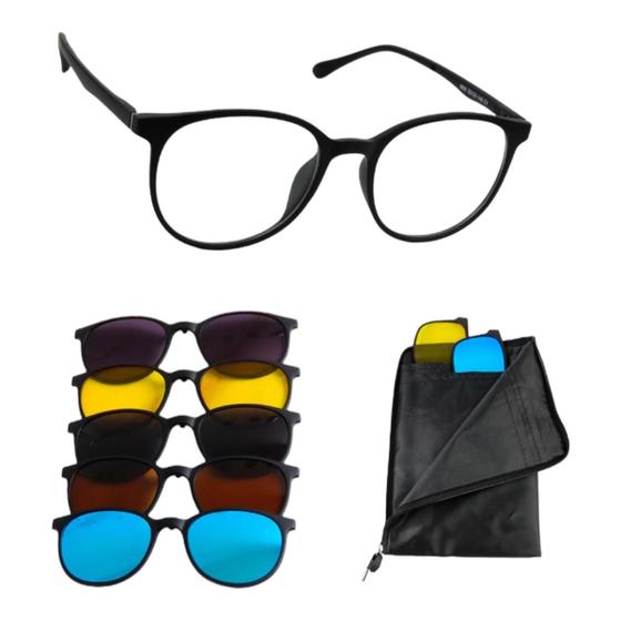 Imagem de Armação Oculos 6 Em 1 Grau Sol 5 Clip On Masculino Feminino Redondo