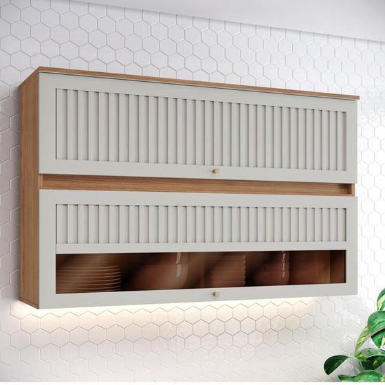 Imagem de Armário Aéreo 2 Portas Basculantes Ripado com Vidro 120 cm Ambiente Requinte Nature Areia Hp  Henn