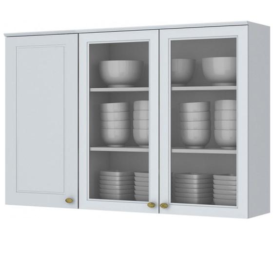 Imagem de Armário Aéreo 3 Portas de Vidro Americana Branco 100 % MDF para Cozinha - Henn