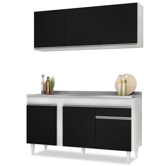 Imagem de Armário Aéreo Argélia e Balcão Gabinete com Pia Inox 150cm Dakota Branco/Preto - Lumil