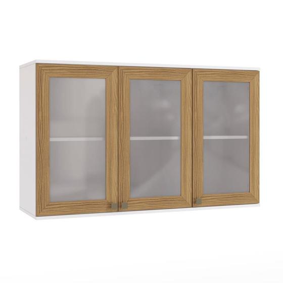 Imagem de Armário Aéreo Celeste Kappesberg 100% MDF 3 Portas com Vidro Branco/Nogueira 120cm