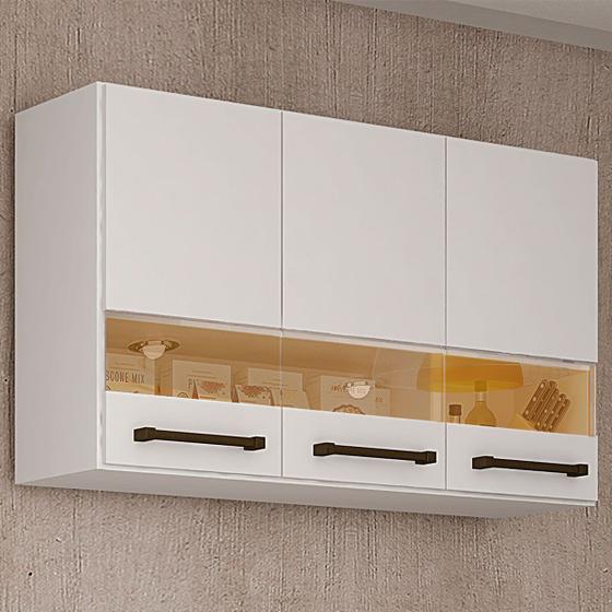 Armário Aéreo Cozinha Alice 3 Portas Com Vidro Branco - Chf Móveis Menor preço em Armário Aéreo Cozinha Alice 3 Portas Com Vidro Branco - Chf Móveis