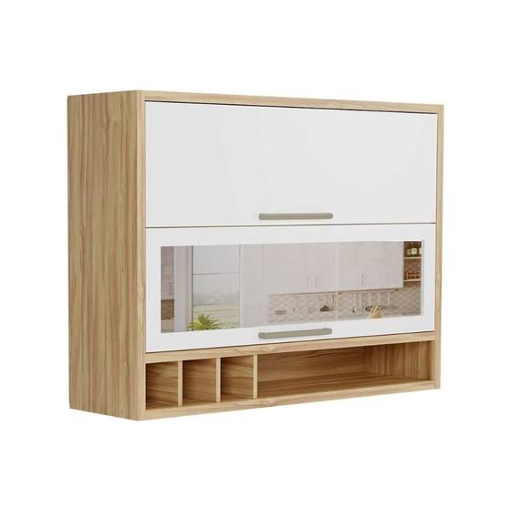 Imagem de Armário Aéreo Cozinha Modulado Syrah c/ 2 Portas Basculante (1 c/ Vidro Reflecta) e Nicho Garrefeiro 120cm Amendoa/Branco - Ronipa