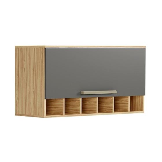 Imagem de Armário Aéreo De Cozinha Com 1 Porta E Mini Adega 100% Mdf Napoli Prime Rio Doce Amendoa/Chumbo