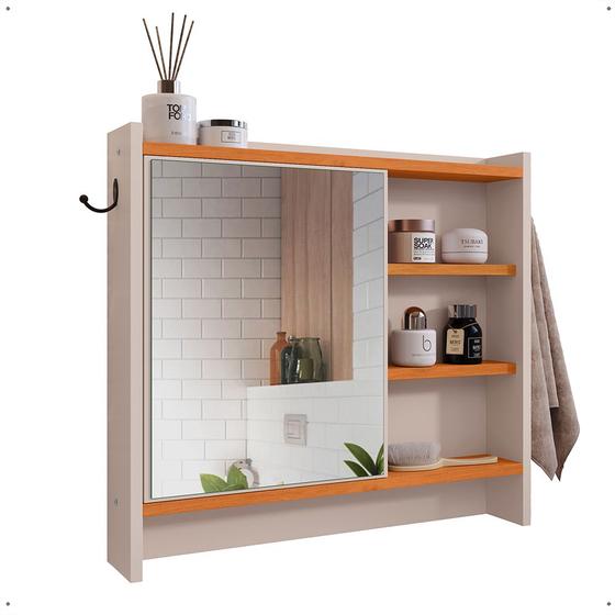 Imagem de Armário Aéreo Espelheira Armarinho para Banheiro com Espelho Genova - Off White/Cinamomo - Lojas RPM