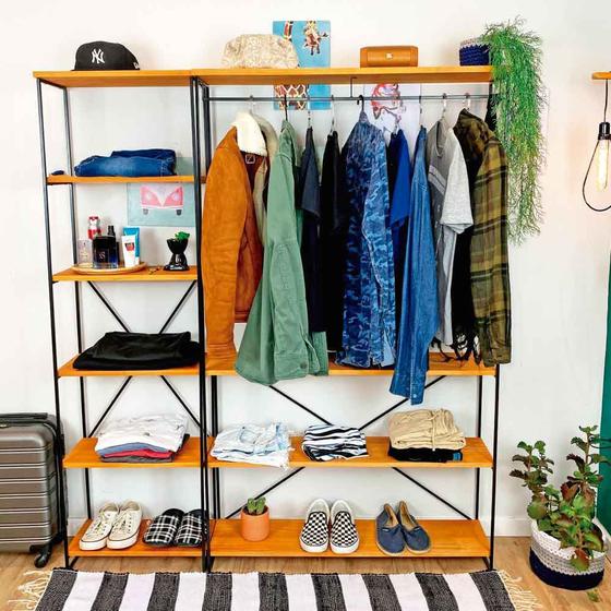 Imagem de Armário Arara Industrial Closet Completo Modular Ample de Ferro e Madeira Carvalho e Preto