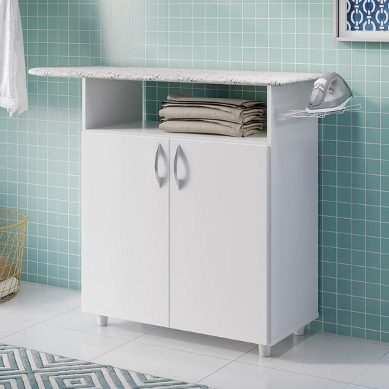 Armário Balcão Multiuso Com Tábua de Passar Suporte Para Ferro 2 Portas 1 Nicho Lavanderia Branco Menor preço em Armário Balcão Multiuso Com Tábua de Passar Suporte Para Ferro 2 Portas 1 Nicho Lavanderia Branco