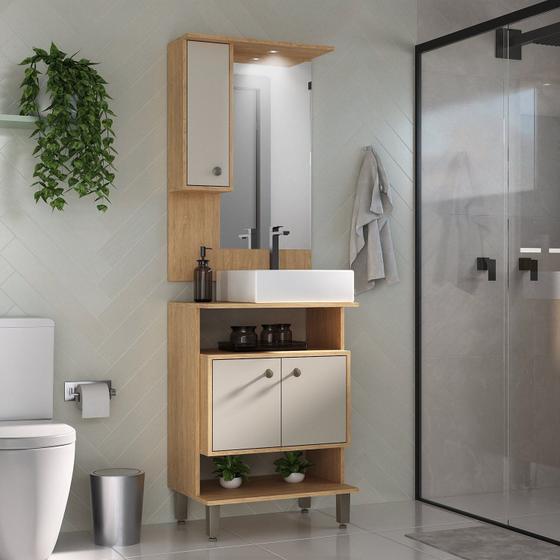 Armário Conjunto de Banheiro com Gabinete, Cuba e Espelheira 2 Porta a com Led na Espeheira Berlin 60 cm Menor preço em Armário Conjunto de Banheiro com Gabinete, Cuba e Espelheira 2 Porta a com Led na Espeheira Berlin 60 cm