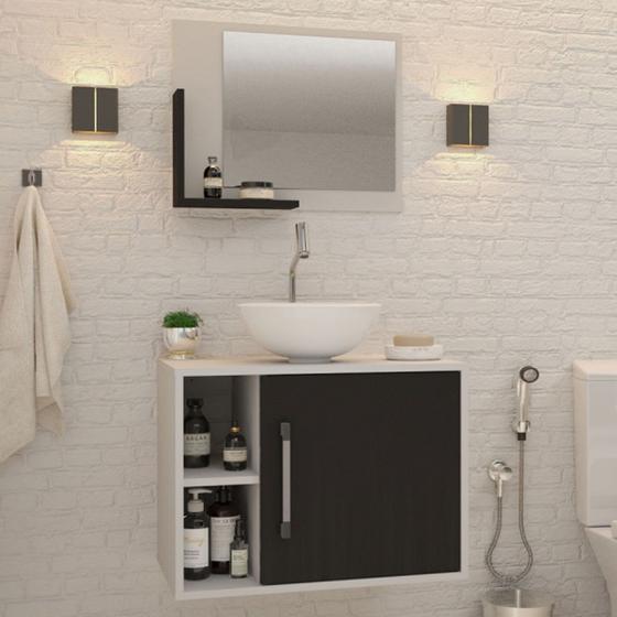 Imagem de Armário de Banheiro com Cuba e Espelho 1 Porta 2 Prateleiras Branco Chess/Preto ônix 13688 - Compace