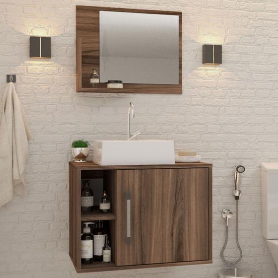Imagem de Armário de Banheiro com Cuba e Espelho 1 Porta 2 Prateleiras Nogal 13687 - Compace
