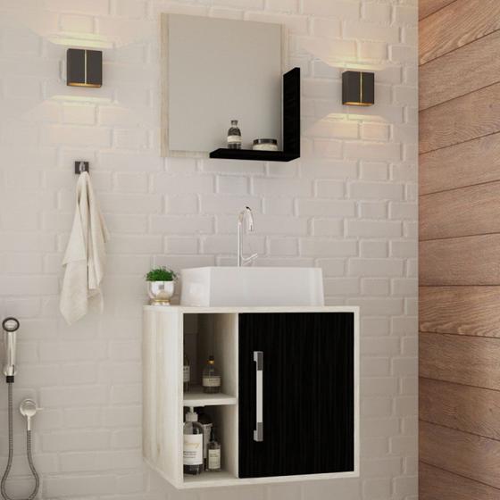 Imagem de Armário de Banheiro com Cuba e Espelho Soft 1 Porta 2 Prateleiras Snow/Preto ônix 13685 - Compace