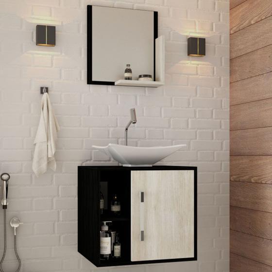 Imagem de Armário de Banheiro com Cuba e Espelho Soft 1 Porta Preto Onix/Snow 13684 - Compace