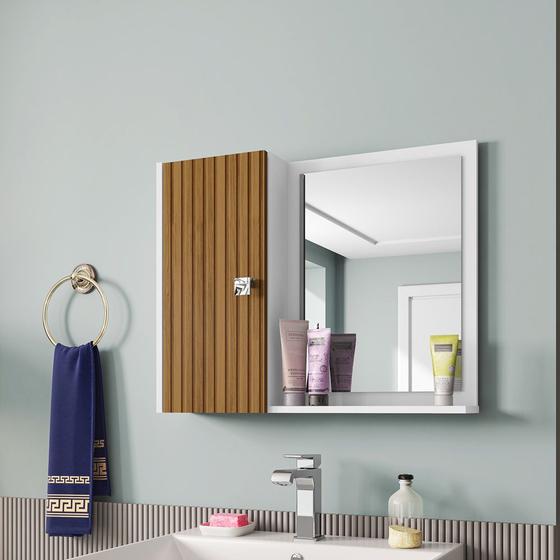 Imagem de Armário De Banheiro Com Espelho Genova Com Porta Branco/freijó