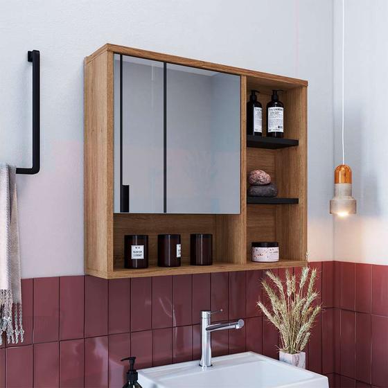 Imagem de Armário de Banheiro com Espelho Versato 1 PT Mel e Preto 52x60 cm