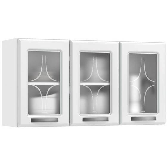 Imagem de Armário De Cozinha Aéreo Triplo Aço Organizador 3 Portas Com Vidros Médio Com Puxadores Rubi Branco