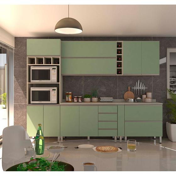 Imagem de Armário de Cozinha Compacta 7 Peças com Tampo Legno Crema com Verde Jade Luci Luciane Móveis