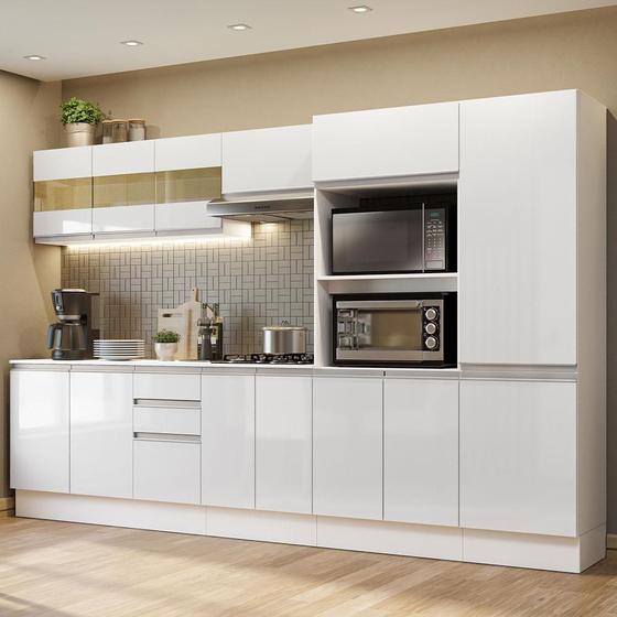 Imagem de Armário de Cozinha Completa 100% MDF 300cm Frentes Branco Brilho Smart Madesa 02