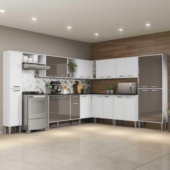 Imagem de Armário de Cozinha Completa com Tampo 11 peças Xangai Pop Multimóveis Branca/Lacca Fumê