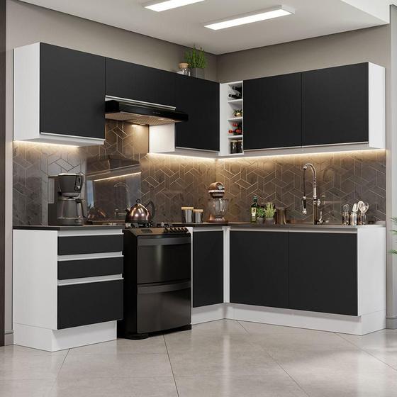 Armário de Cozinha Completa de Canto 100% MDF 409cm Branco/Preto Acordes Madesa 01 Menor preço em Armário de Cozinha Completa de Canto 100% MDF 409cm Branco/Preto Acordes Madesa 01