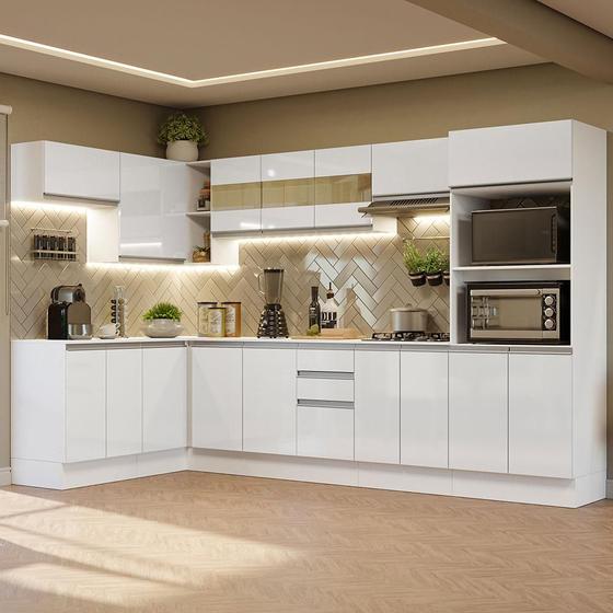 Imagem de Armário de Cozinha Completa de Canto 100% MDF 447cm Frentes Branco Brilho Smart Madesa 02