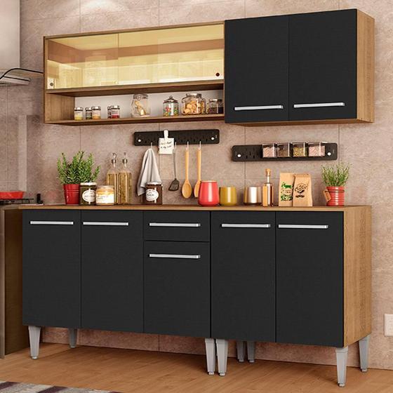 Armário de Cozinha Completa Madesa Emilly Dance com Balcão e Aéreo Vidro Reflex - Rustic/Preto Menor preço em Armário de Cozinha Completa Madesa Emilly Dance com Balcão e Aéreo Vidro Reflex - Rustic/Preto