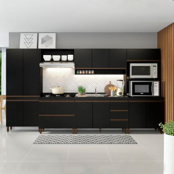 Imagem de Armário de Cozinha Completo Modulado Sabrina 360x202 Cm 6 Peças MDP Preto MENU