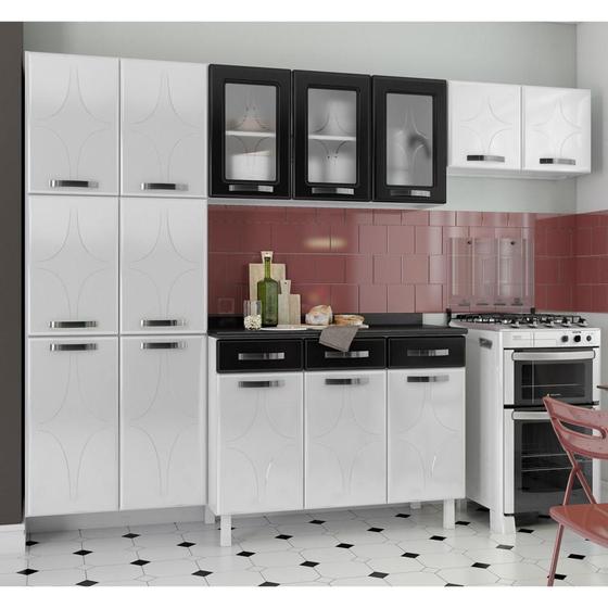 Imagem de Armário de Cozinha de Aço Compacta 3 Peças Amanda Multimóveis CR6067 Branco/Preto