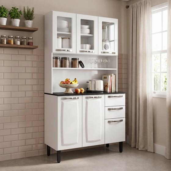 Armário de Cozinha em Aço com Vidro e Bancada 6 Portas 2 Gavetas 195 x 105cm Pratika Itatiaia Branco