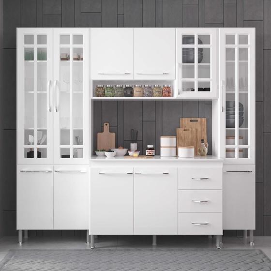 Armário de Cozinha Modulada Compacta Fidelitá Viena 4 Peças 225cm 11 Portas 3 Gavetas Com Tampo Branco - Fidelitá Móveis