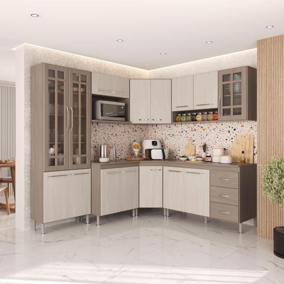 Armário de Cozinha Modulada Completa de Canto Fidelitá Paris 7 Peças 410cm 16 Portas 3 Gavetas Com Tampo Nogal/Salinas