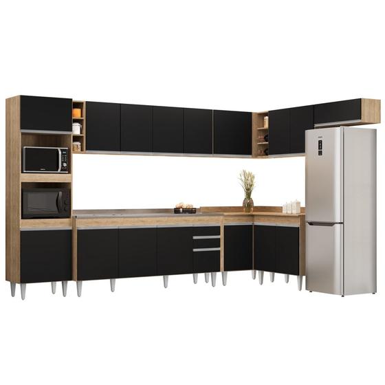 Imagem de Armário de Cozinha Modulada de Canto 9 Peças CP06 Balcão com Pia Inox Castanho/Preto - Lumil