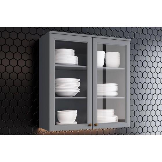 Imagem de Armário de Cozinha Modulado Americana 2 Portas Vidro 80cm Cinza - Henn