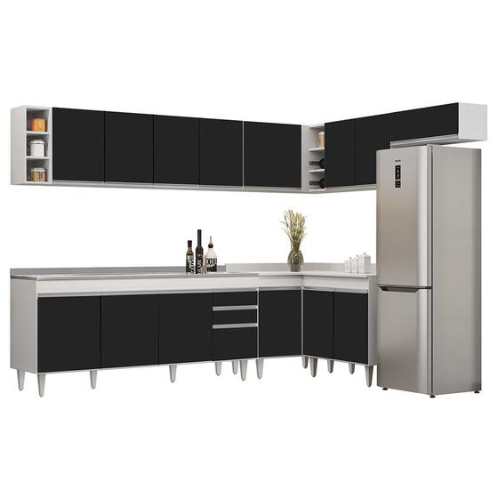 Imagem de Armário de Cozinha Modulado de Canto 8 Peças CP27 com Pia Inox Branco/Preto - Lumil