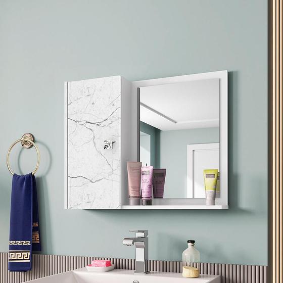 Armario Espelheira Genova Com Porta Cor Branco/Carrara Menor preço em Armario Espelheira Genova Com Porta Cor Branco/Carrara