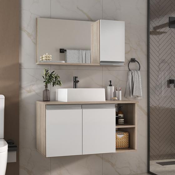 Imagem de Armario gabinete banheiro 80cm + cuba soprepor + espelheira com puxador aluminio madeirado/branco