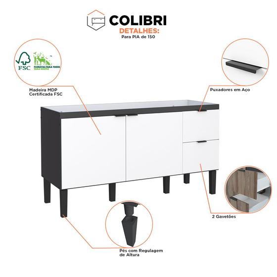 Imagem de Armário Gabinete de Cozinha Para Pia de 150 em Madeira Colibri 2 Gavetas Preto/Branco - Cozimax