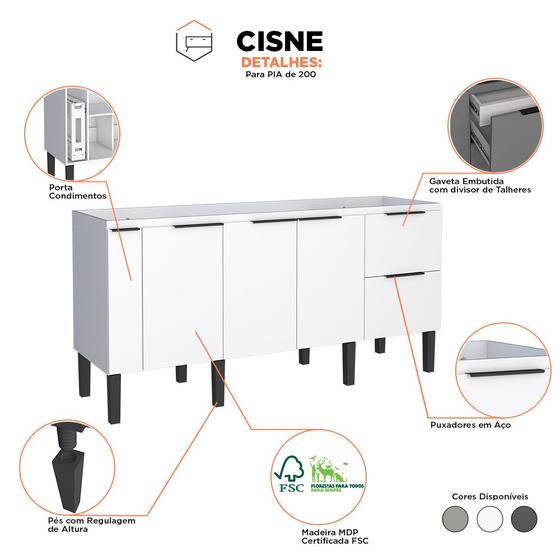 Imagem de Armário Gabinete de Cozinha Para Pia de 200 em Madeira Cisne 2 Gavetas Branco - Cozimax