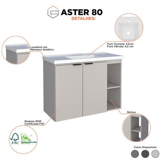 Imagem de Armário Gabinete para Banheiro em Madeira Com Lavatório em Mármore Sintético Aster 80 cm Nude - Cozimax