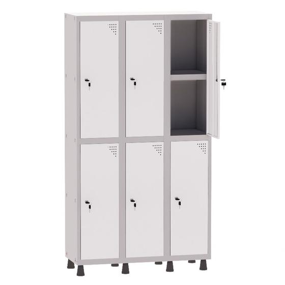 Imagem de Armário Guarda Volume Locker Roupeiro 3 Vãos 06 Portas Com Prateleira GRF503PRI/6 Cinza e Branco - Pandin