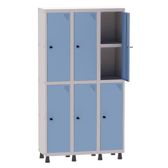 Imagem de Armário Guarda Volume Locker Roupeiro 3 Vãos 06 Portas Com Prateleira GRP503PRI/6 Cinza e Azul Dali - Pandin