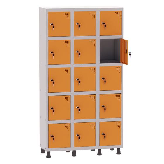 Imagem de Armário Guarda Volume Locker Roupeiro 3 Vãos 15 Portas Aço GRF503/15 Cinza e Laranja Picasso - Pandin