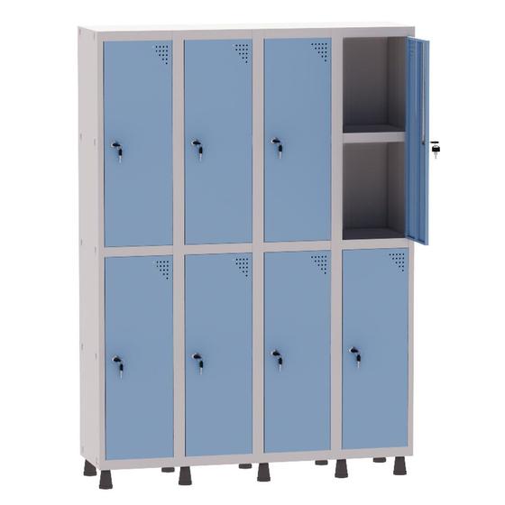 Imagem de Armário Guarda Volume Locker Roupeiro 4 Vãos 08 Portas Com Prateleira GRF504PRI/8 Cinza e Azul Dali - Pandin