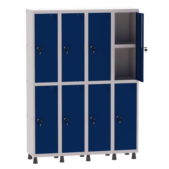 Imagem de Armário Guarda Volume Locker Roupeiro 4 Vãos 08 Portas Com Prateleira GRF504PRI/8 Cinza e Azul Del Rey - Pandin