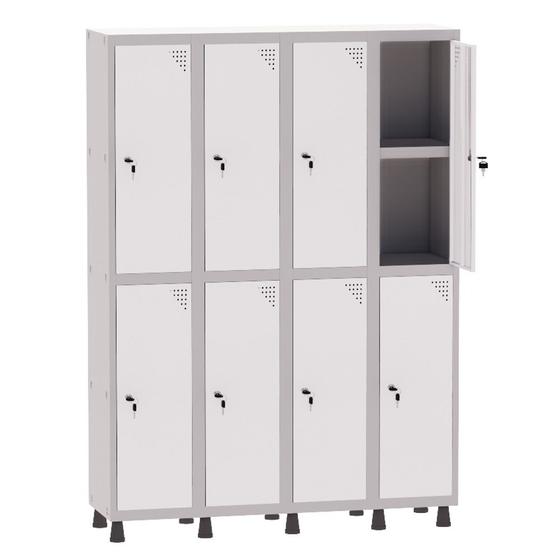 Imagem de Armário Guarda Volume Locker Roupeiro 4 Vãos 08 Portas Com Prateleira GRF504PRI/8 Cinza e Branco - Pandin