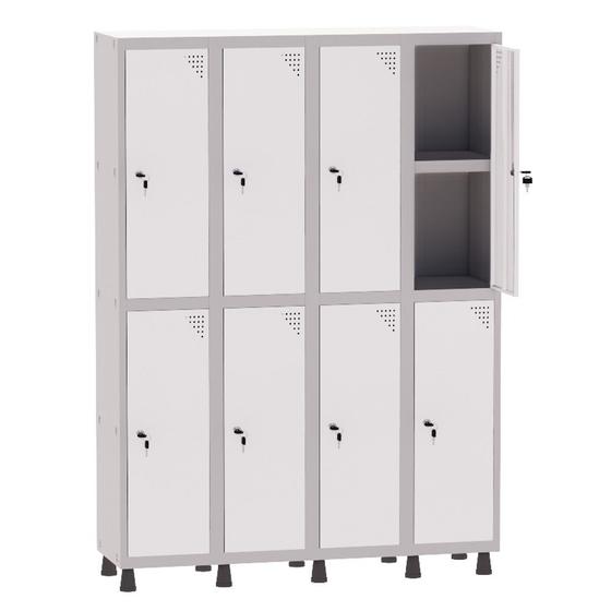 Imagem de Armário Guarda Volume Locker Roupeiro 4 Vãos 08 Portas Com Prateleira GRF504PRI/8 Cinza e Branco - Pandin