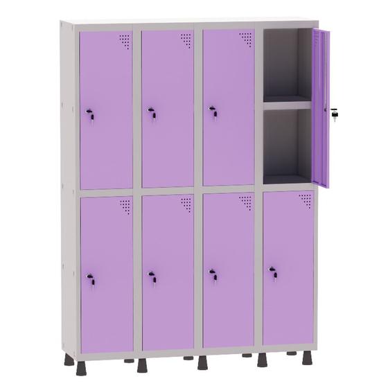 Imagem de Armário Guarda Volume Locker Roupeiro 4 Vãos 08 Portas Com Prateleira GRF504PRI/8 Cinza e Lilás - Pandin
