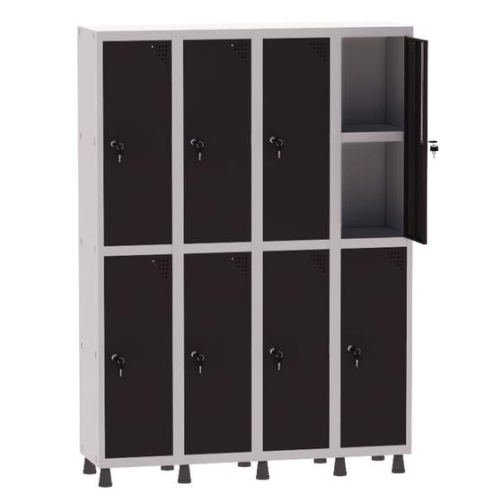 Imagem de Armário Guarda Volume Locker Roupeiro 4 Vãos 08 Portas Com Prateleira GRF504PRI/8 Cinza e Preto - Pandin