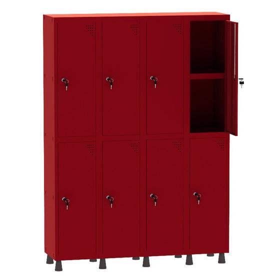 Imagem de Armário Guarda Volume Locker Roupeiro 4 Vãos 08 Portas Com Prateleira GRF504PRI/8 Vermelho - Pandin