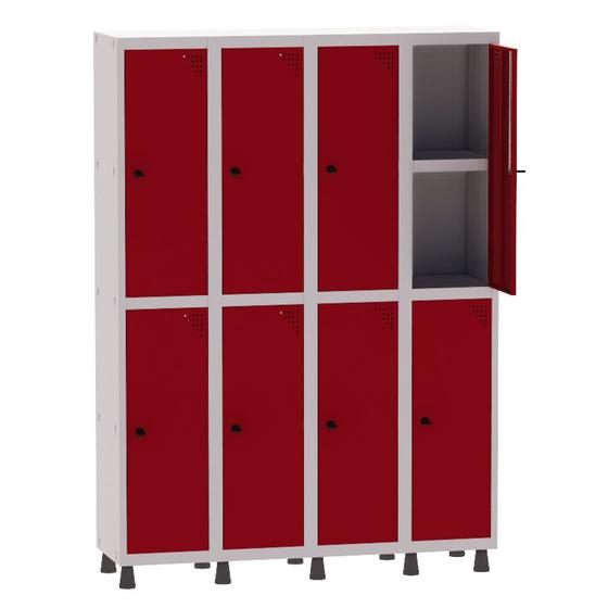 Imagem de Armário Guarda Volume Locker Roupeiro 4 Vãos 08 Portas Com Prateleira GRP504PRI/8 Cinza e Vermelho - Pandin