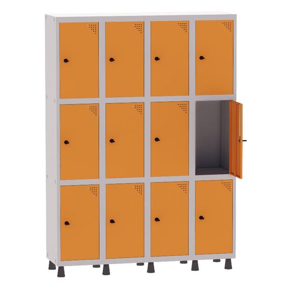 Imagem de Armário Guarda Volume Locker Roupeiro 4 Vãos 12 Portas Aço GRP504/12 Cinza e Laranja Picasso - Pandin